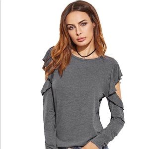 Gray cold shoulder ruffled top